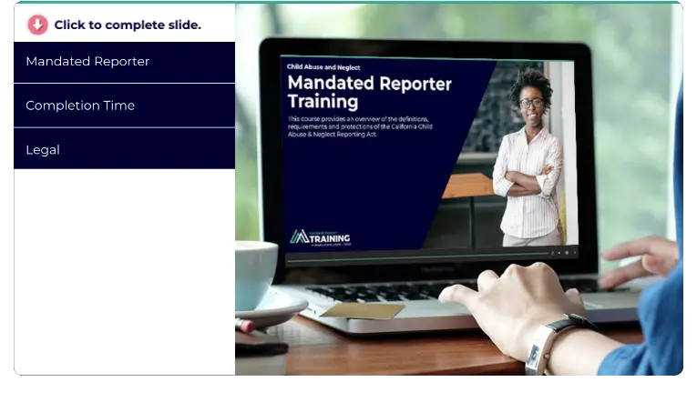 A laptop computer shows the introductory slide of a Mandated Reporter Training course.
