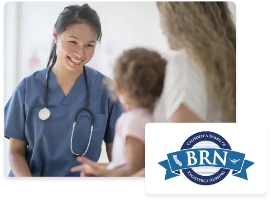 The logo for the Board of Registered Nurses with an image of a female nurse smiling at a patient.