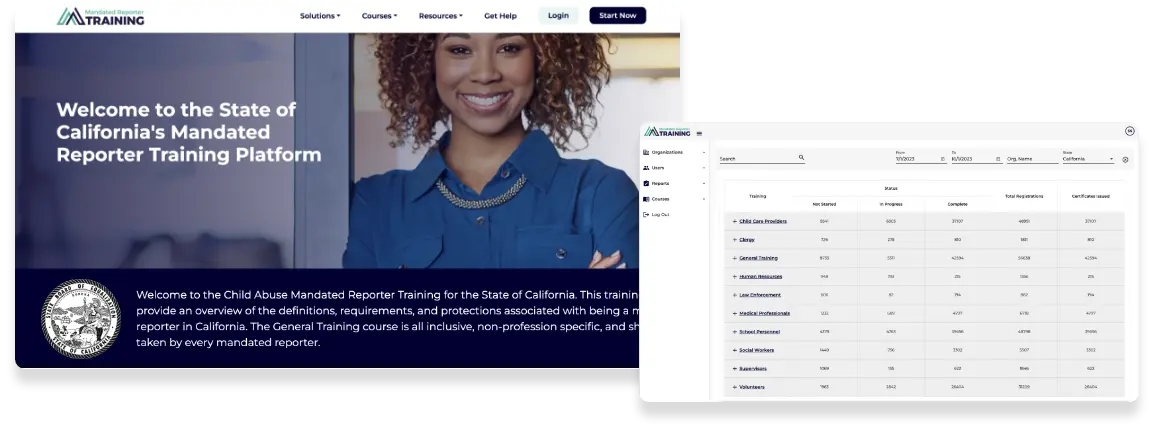 A screenshot of the California page on the MandatedReporterTraining.com website.