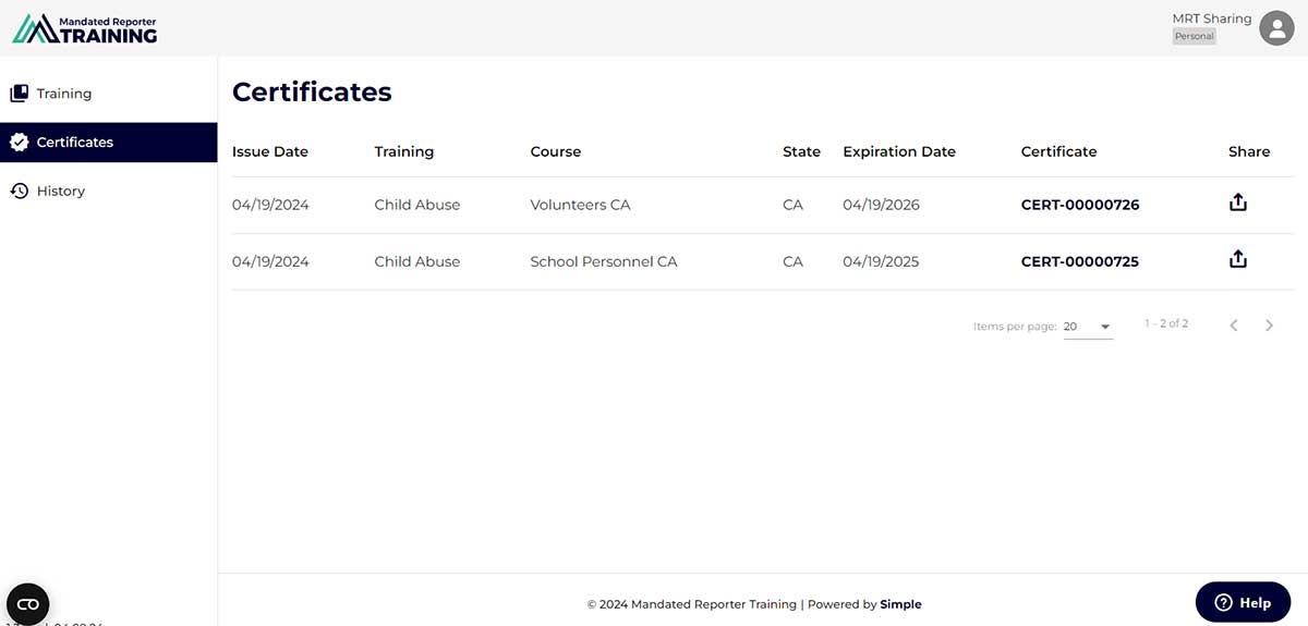A screen capture of The Mandated Reporter Training Platform shows the “My Certificates” tab.