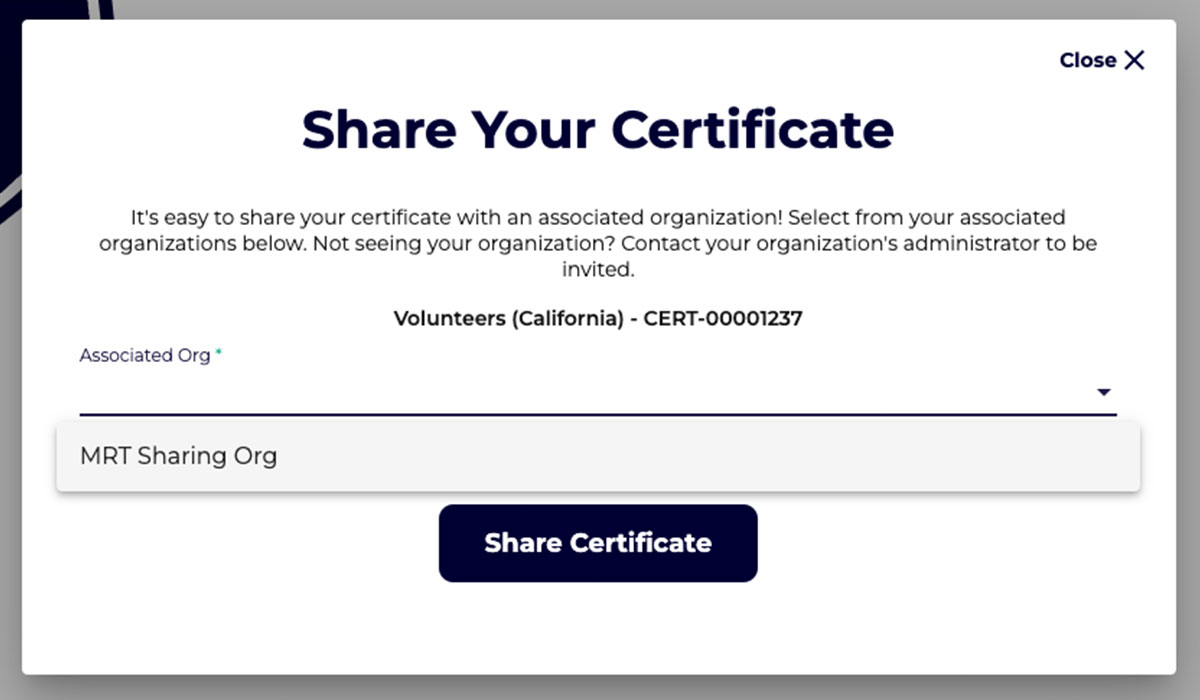 A screen capture of The Mandated Reporter Training Platform shows the “Share Your Certificate” window with one organization listed. 