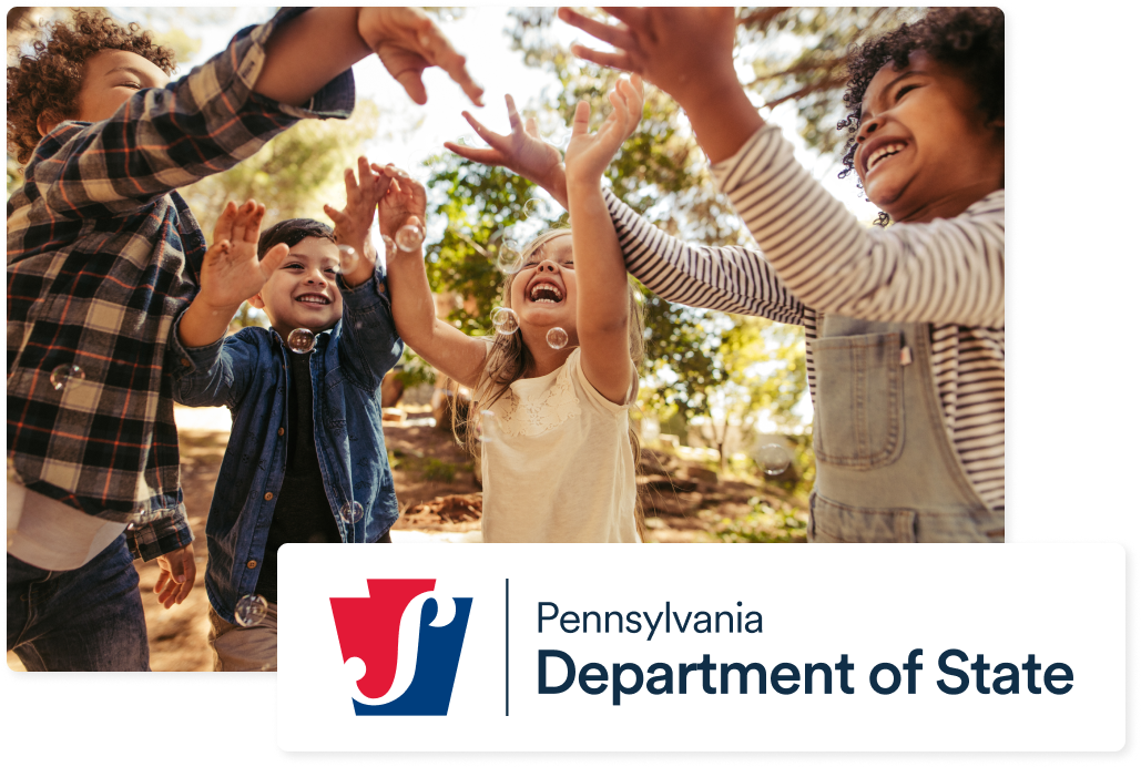 A group of smiling children next to the logo for the Pennsylvania Department of State.