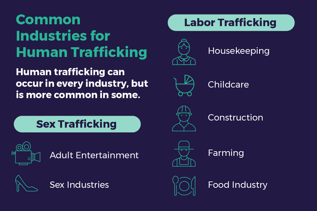Illustrated infographic showing common industries for human trafficking.