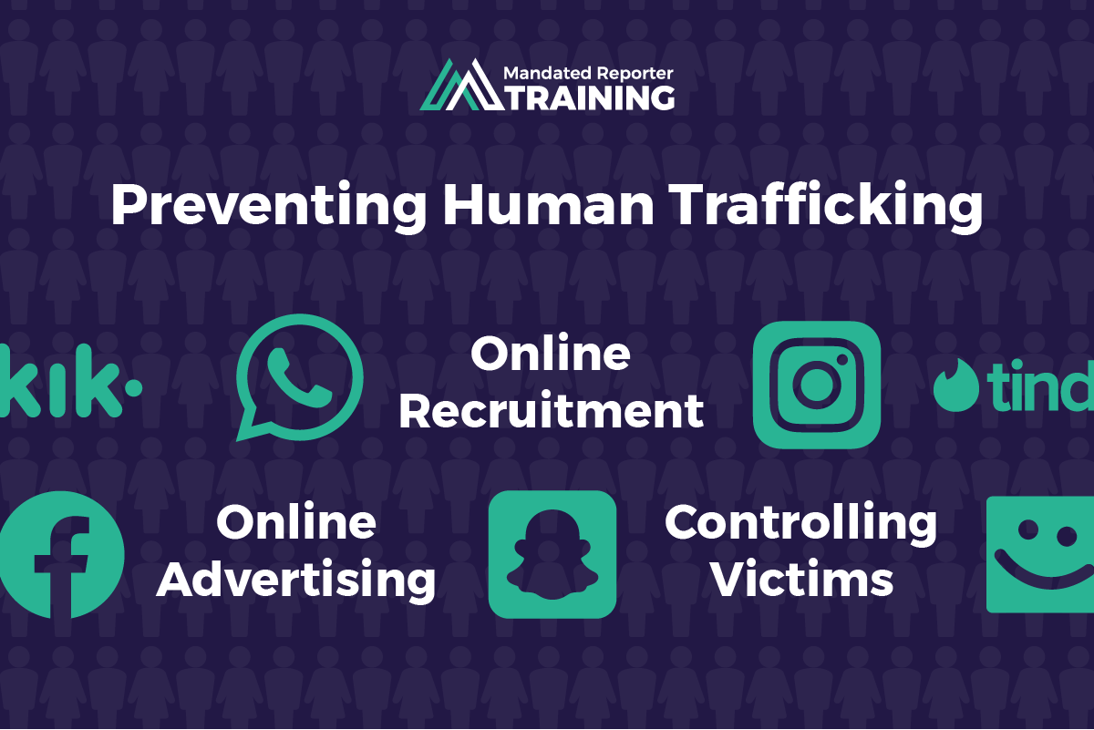 Infographic showing an assortment of social media icons illustrating how technology supports human trafficking.