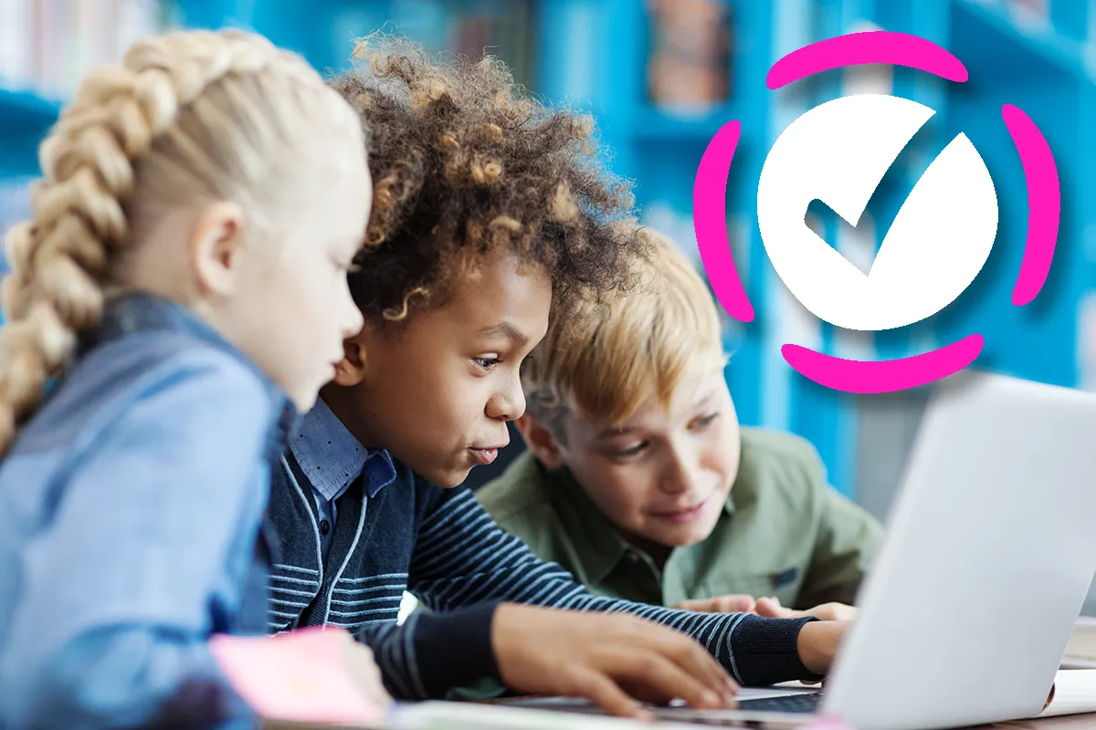 A group of youth online next to the pink checkmark icon of the Pledge2Protect campaign.